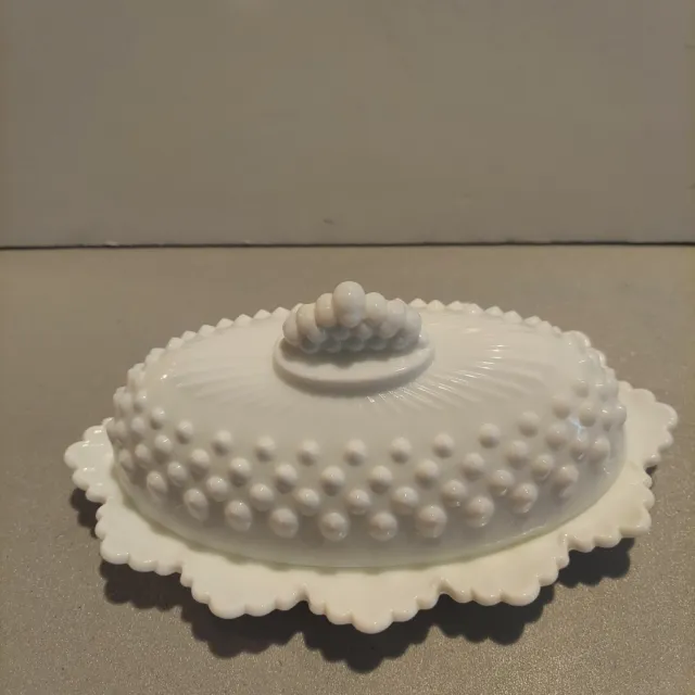 Vtg. Fenton Hobnail Oval Covered Butter Dish- 8" L x 5" W -Milk Glass