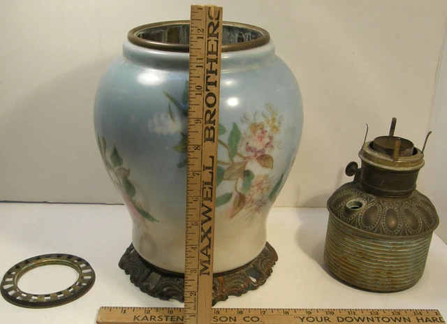 Antique Gwtw Parlor Lamp Bottom W/Lilac Flowers Floral Milk Glass