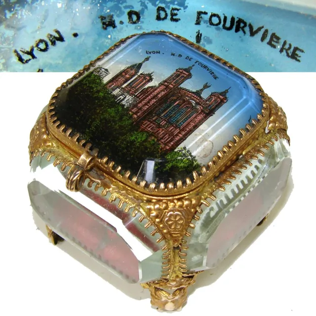 Antique French Souvenir Casket, Beveled & Eglomise Scene Notre Dame de Fourviere
