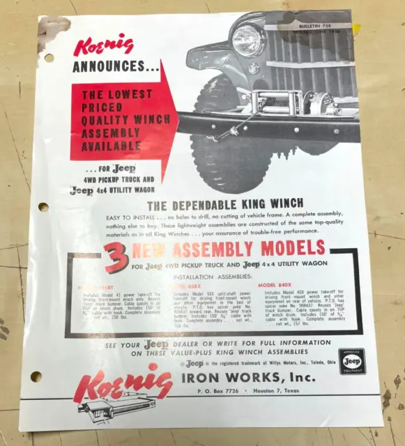 Vintage Original 1959 Koenig Jeep King Winch Sales Ad / One Sheet Flyer 758