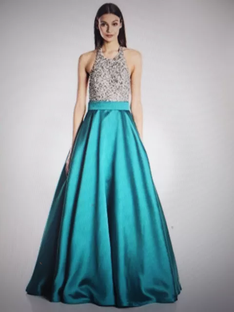 Jovani Women's Teal Beaded Halter Ballgown