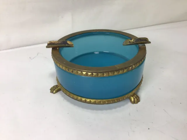 KK50 Vintage Blue French Opaline Glass and Brass Ashtray - Set of Only 1