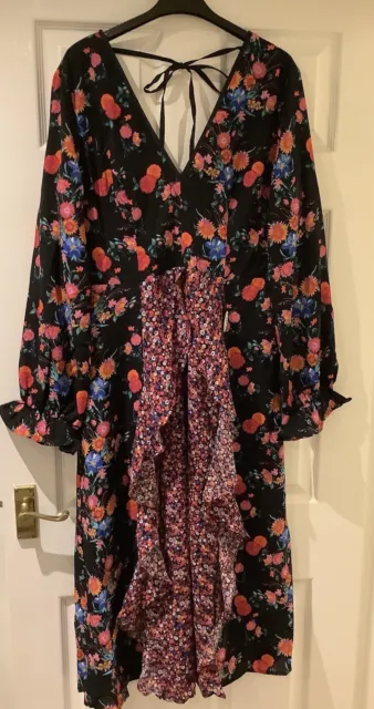 Chi Chi London Long Sleeve Plunge Floral Printe Black Midi Dress Size 16