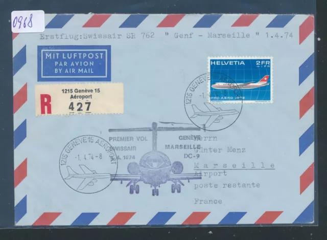 0968) Schweiz, SR FF Genf - Marseille 1.4.74, Reco-Brief EF 2 Fr.