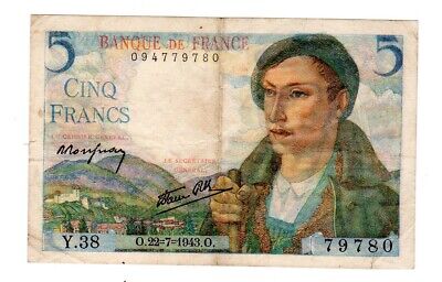 Billet 5 francs BERGER 22 7 1943 FRANCE J.26 