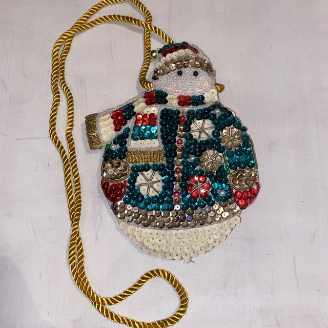 Vintage Christmas Snowman Sequin Purse Beaded Mini Hanging Shiny Coin Lipstick