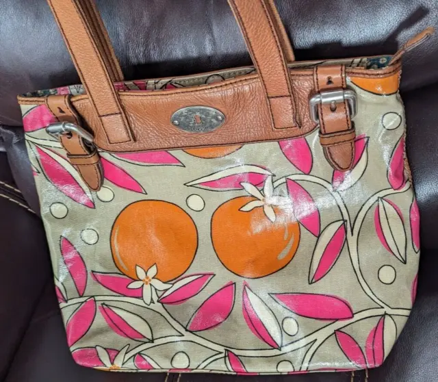 FOSSIL Key-Per Leather Coated Canvas Shopper Tote Shoulder Purse Orange Blossom