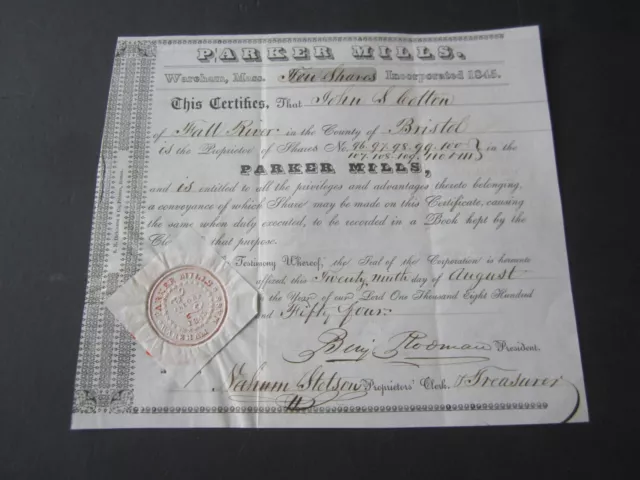 Old 1854 - PARKER MILLS - Stock Certificate -  Wareham MASS.