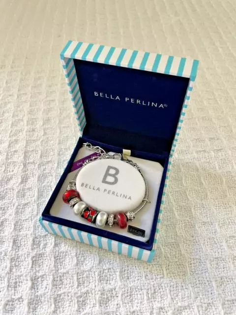 BELLA PERLINA Slide on Charm Bracelet Red Hearts Faux Pearl Crystal One size fit BELLA PERLINA Slide on Charm Bracelet Red Hearts Faux Pearl Crystal One size fit