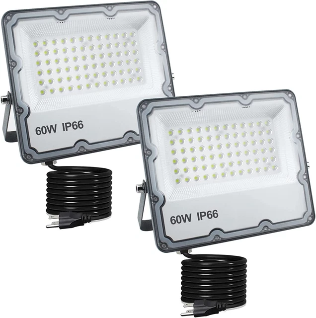 2 Pack 60W Led Outdoor Flood Light, Exterior Flood Lights, Plug in Flood Light,