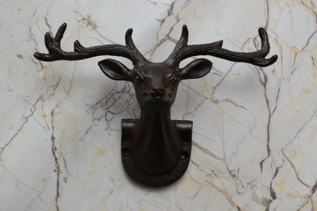 Vintage deer head cast iron coat hook hat clothes library house towel hanger