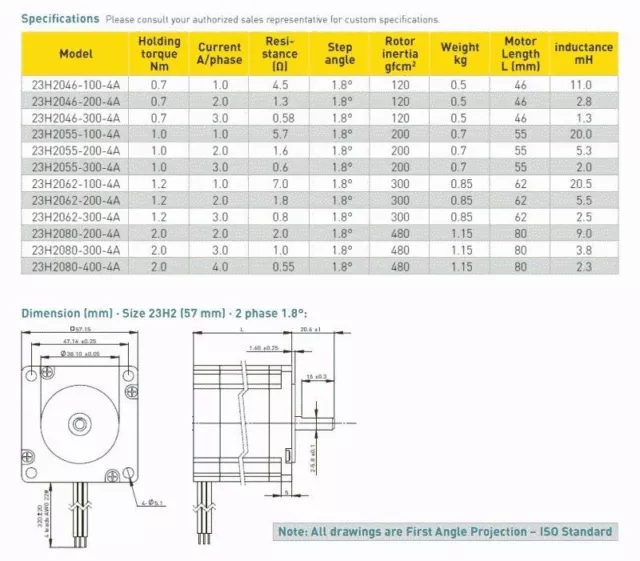 23H055-100-4A-001 NEMA 23 moteur pas à pas, 2 piles, 1,8°, max. 1,00 Nm, max. 1.0A 3