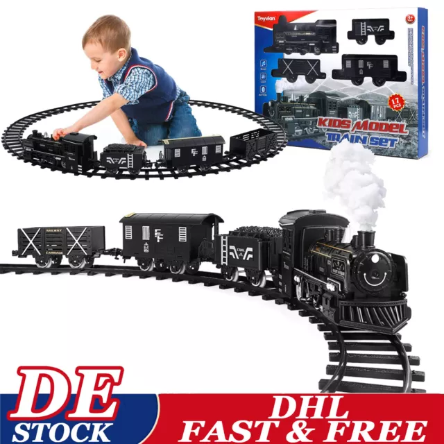 Spielzeug Eisenbahn mit 4 Waggons elektrische Lok mit Sounds& Lights Steam DE