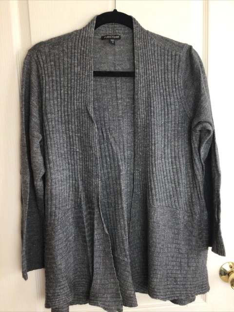 Eileen fisher gray ribbed silk wool linen blend open Cardigan M