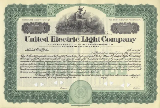 United Electric Light Company Stock Certificate (Pennsylvania)