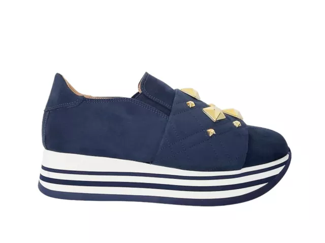 Scarpe Sneakers Slipon Mocassino Platform Donna Camoscio Blu Zeppa Plateau Italy