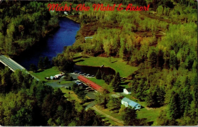 Michi Aho Motel Resort Aerial View Crystal Falls MI Vintage Postcard Unposted