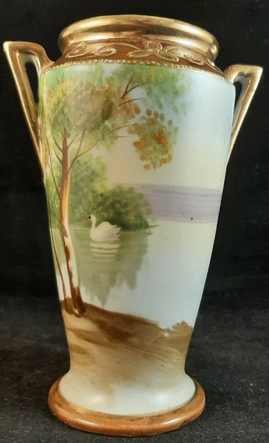 Nippon Hand Painted Double Handle 4.5" Small Vase Lake Swan Raised Gold Gilt