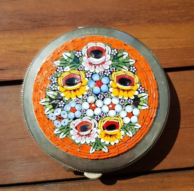 Grosse Dose,Puderdose Aus Italien, Millefiori Mikromosaik Murano, 60/70er Jahre