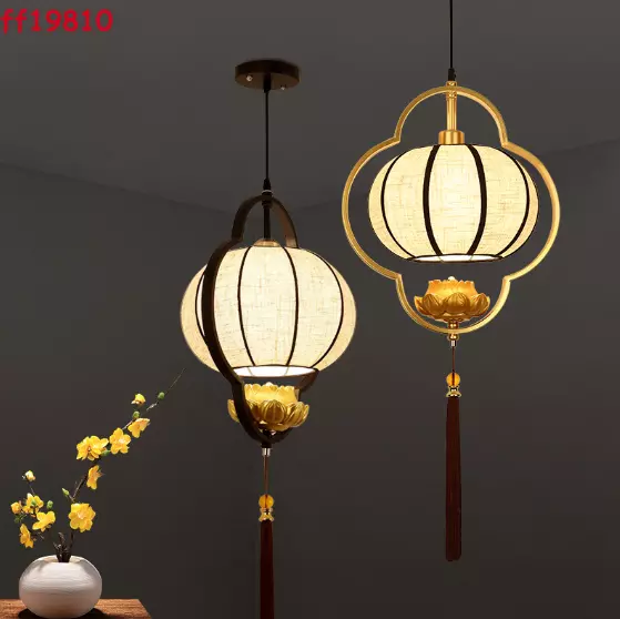 Chinese Style Linen Cloth Lotus Restaurant Bar Chandelier Ceiling Light Lamp