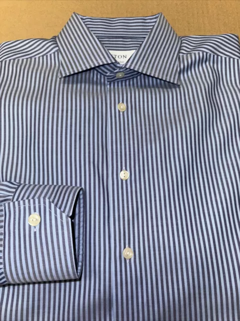 Eton Blue Striped Signature Twill Spread Collar Contemporary Fit Lyocell Shirt