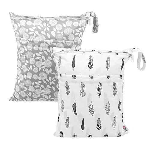 2pcs Cloth Diaper Wet Dry Bags Waterproof Reusable with Two Zippered Pockets