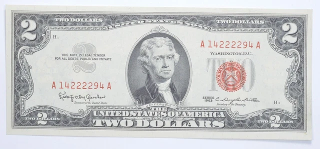 1963 $2 Two Dollar US Red Seal Jefferson Note Bill US Currency Crisp UNC *0814