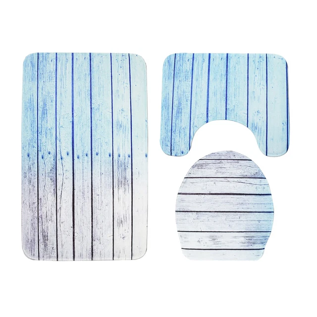 3 in 1 Blaue Planke Muster Badezimmer Matte Set Rutschfeste Waschraum Teppich Ko