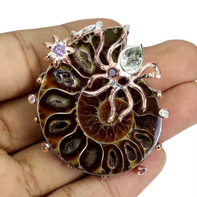 Handcraft Shell Shape Ammonite Fossil 48x38mm Gems 925 Sterling Silver Pendant