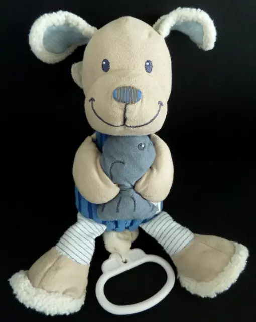 U. DOUDOU PELUCHE POMMETTE CHIEN MUSICAL BLEU BEIGE BLANC POISSON 22cm - BE