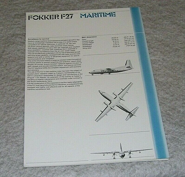 FOKKER F27 MARITIME RECONNAISANCE & PATROL AIRCRAFT BROCHURE July 1976