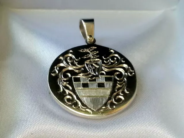 Heavy sterling silver pendant 22mm or 25mm hand engraved with your family crest