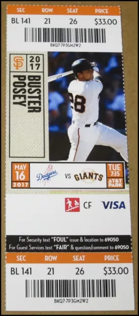 5/16/2017 San Francisco Giants vs Los Angeles Dodgers Ticket Buster Posey AT&T