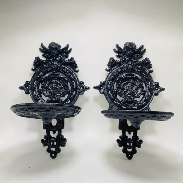 Vintage Cast iron Wall Sconce Candle Shelf Holder Shelving Rococo Old Cherub9.5"