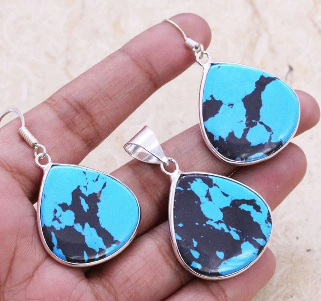 Blue Buffalo Turquoise 925 Silver Plated Handmade Pendant & Earring Set of 1.5"