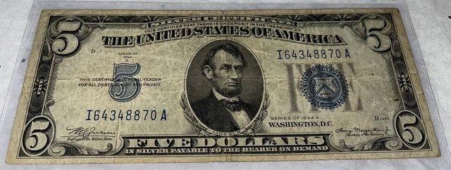 1934 A $5 Five Dollar Blue Seal Silver Certificate U.S Bank Note Bill Currency