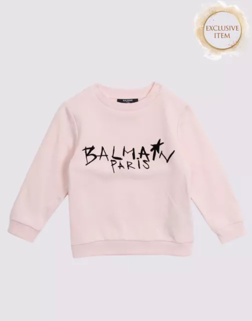RRP€195 BALMAIN Pullover Sweatshirt Size 4Y Velour Coated Logo Made in Portugal