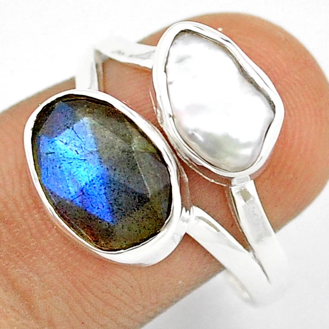 Jaipur Silver 7.66cts Checker Cut Natural Labradorite Pearl Ring Size 9 U26157