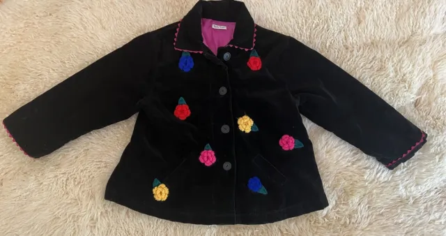 B.T Kids corduroy VINTAGE Black Jacket Flowers Button Up Lined Trim Cuffs Size 4