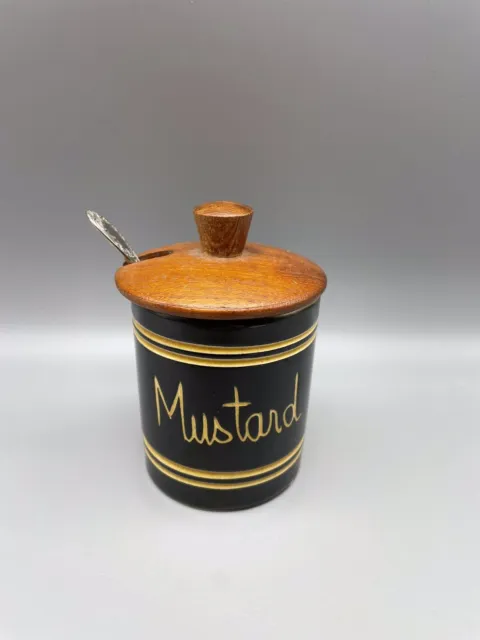 Vtg Swedish ceramic mustard pot Karl Holmberg teak lid brown yellow with spoon
