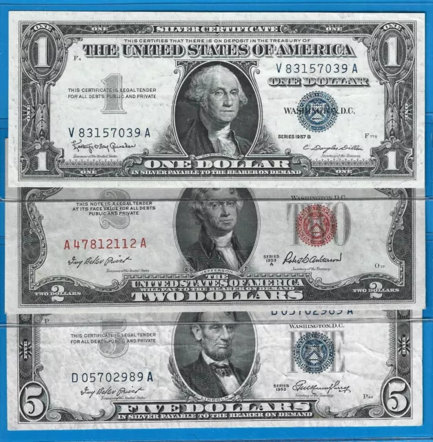 1957B/53A/53,$1 SC/$2 USN/$5 SC,3)Notes,Blue/Red Seal,Circ VF,Nice!