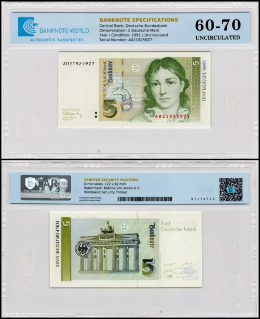 Germany Federal Republic 5 Deutsche Mark, 1991, P-37, UNC, Authenticated