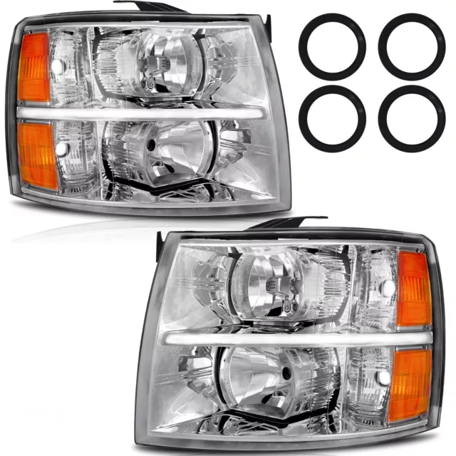 For 2007-2013 Chevy Silverado 1500 2500HD 3500HD Chrome Housing Amber Headlights