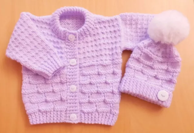 NEW Hand Knitted Baby Cardigan and Hat Set -  Lilac & White Pompom - 0-3 months