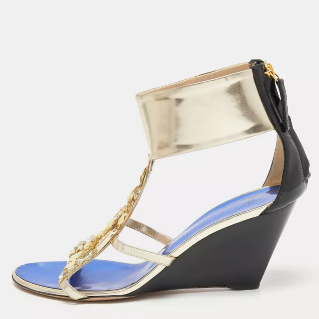 Giuseppe Zanotti Black/Gold Patent Crystal Embellished Wedge Sandals