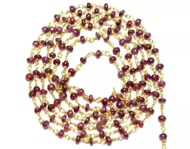 Vermail - Solid 925 Silver Link Chain - 1 Foot - Ruby Gemstone Beads #D1985
