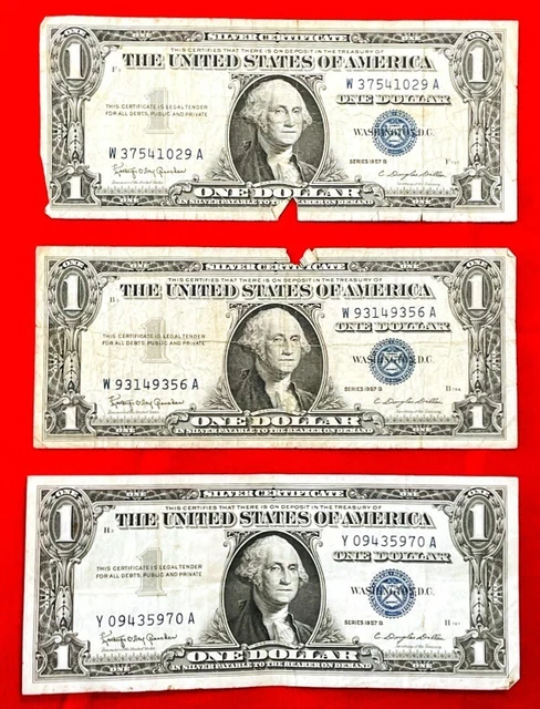 1957 SILVER CERTIFICATE $1 LOT of 3 Banknotes Money Currency SERIES B One Dollar