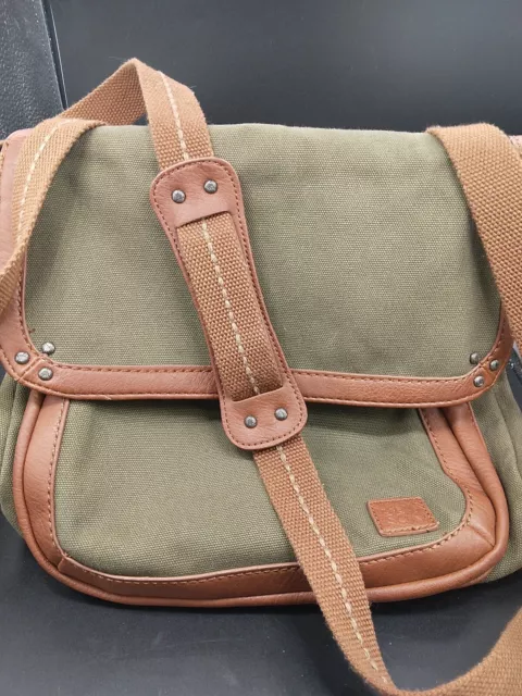The Sak Green Canvas w Brown Leather Convertible Backpack Crossbody Bag Purse