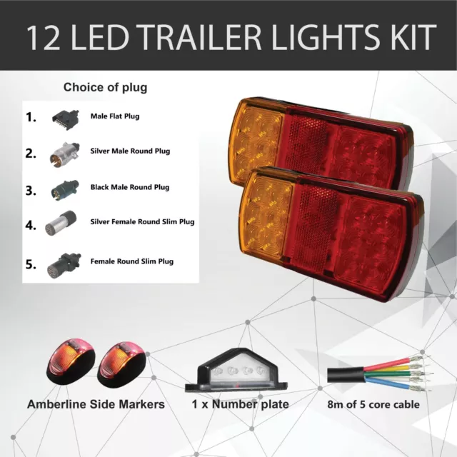 2 x 12 LED TRAILER LIGHTS KIT, Trailer Plug, CABLE, Side Marker, No. Plate Light