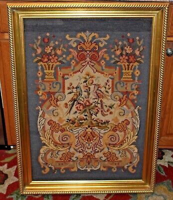 Large Victorian Style Needlepoint Tapestry Framed Coat Of Arms Birds Flowers